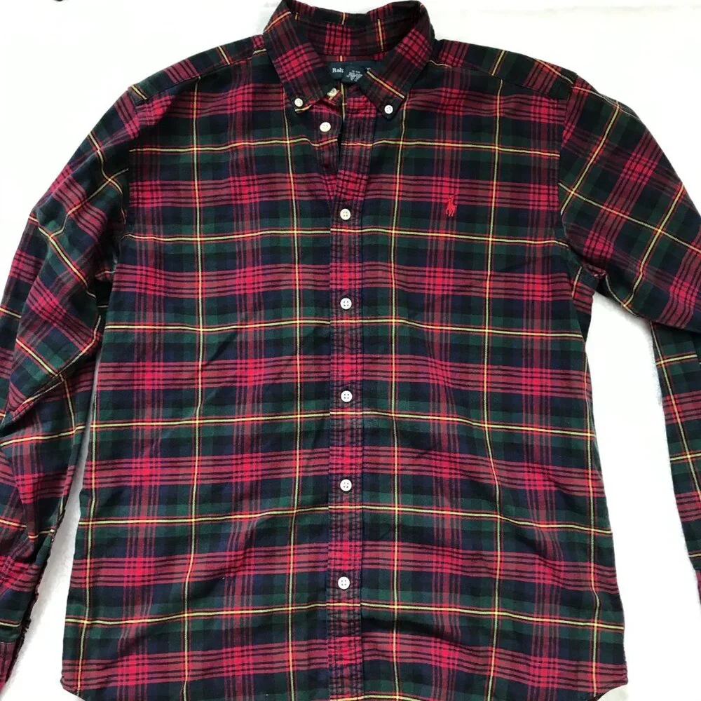 Vintage Ralph Lauren Plaid Button‎ Down Shirt Boys XL (18-20) Cotton, Christmas